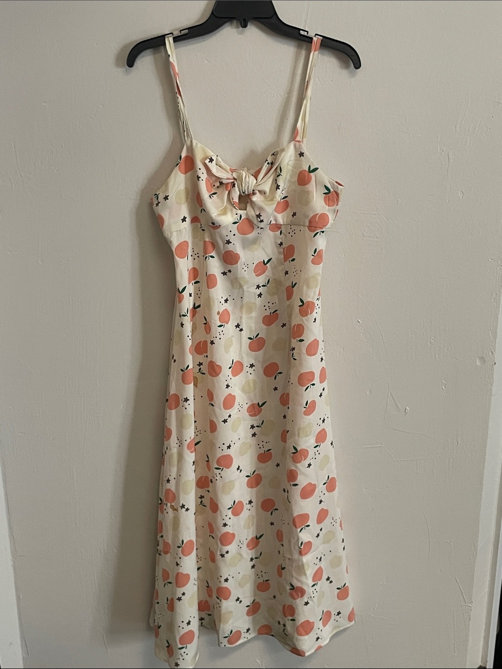 Cream Midi Dress with Peach Print and Front Knot